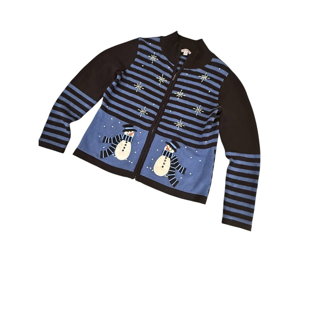 VTG‎ PBJ Sport Knit Cardigan Striped Sweater Christmas Holiday Winter Snowman S